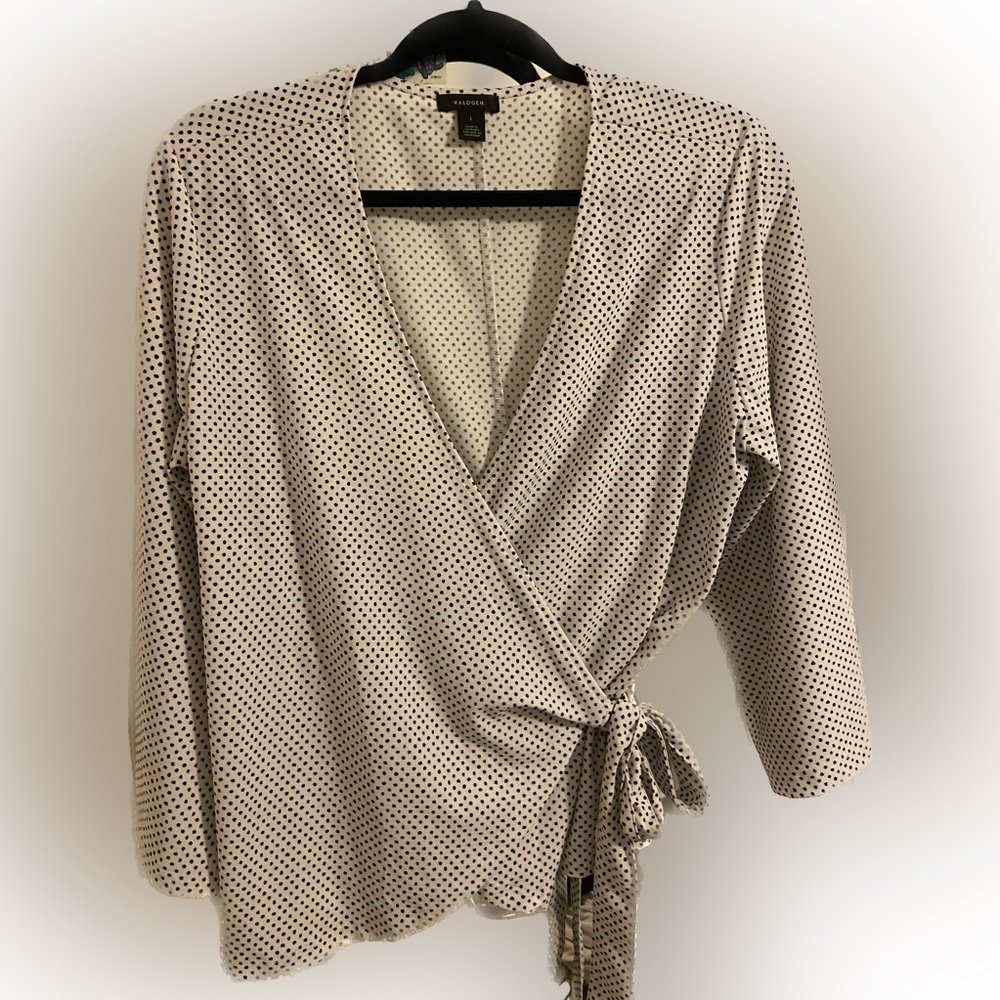 Nordstrom Halogen White & Black Polka Dot Wrap Shirt Sz L